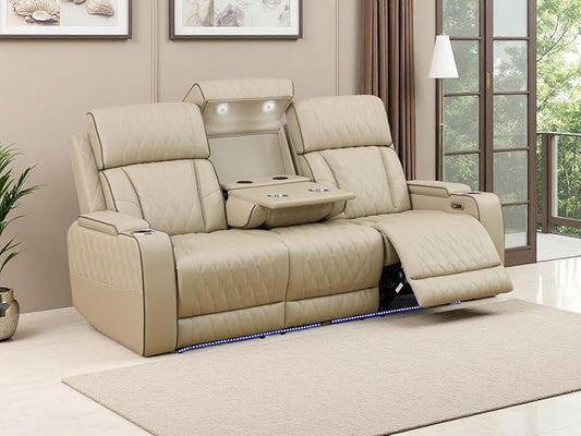 Living Room Furniture Sets, Power Recliner Sofa with LED Light, Beige Breathing Leather Reclining Sectional Sofa with Drop-Down Table, Cup Holder and Storage Console for Living Room,Office