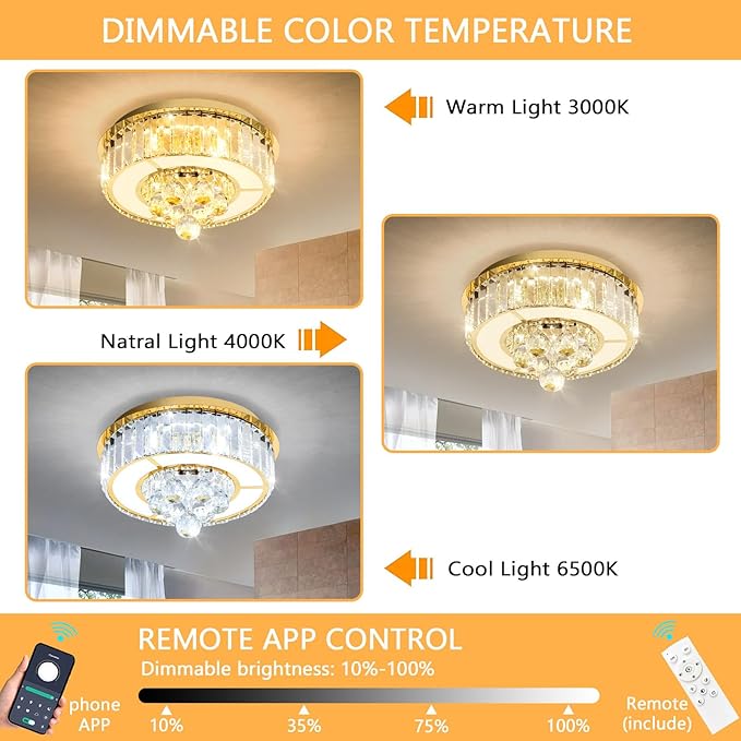 11.8'' Gold Modern Crystal Chandeliers for Dining Room LED Dimmable Light Fixtures Flush Mount Light Living Room Bedrooms
