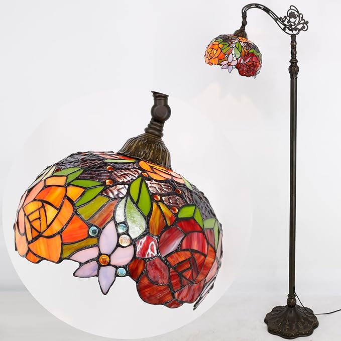 WERFACTORY Tiffany Floor Lamp Red Rose Flower Stained Glass Arched Lamp 10X18X64 Inches Gooseneck Adjustable Corner Standing Reading Light Decor Bedroom Living Room S001 Series