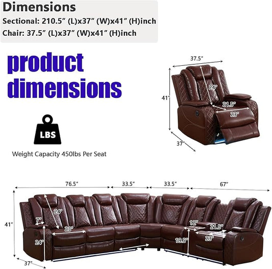 A Ainehome Leather Power Recliner Sectioanl Sofa Set, Living Room Furniture Sets, Power Reclining Sofa, Loveseat and Chair with USB Chargers/Cup Holder for Living Room/Office(A-Brown)