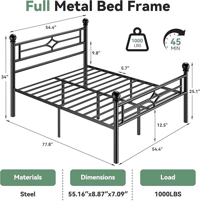 BedsPick Full Bed Frame with Headboard and Footboard, Metal Platform Bed Frame with Round Corner Ball, 1200 LBS Heavy Duty Steel Slats Support, No Box Spring Needed/Noise-Free/Easy Assembly, Black