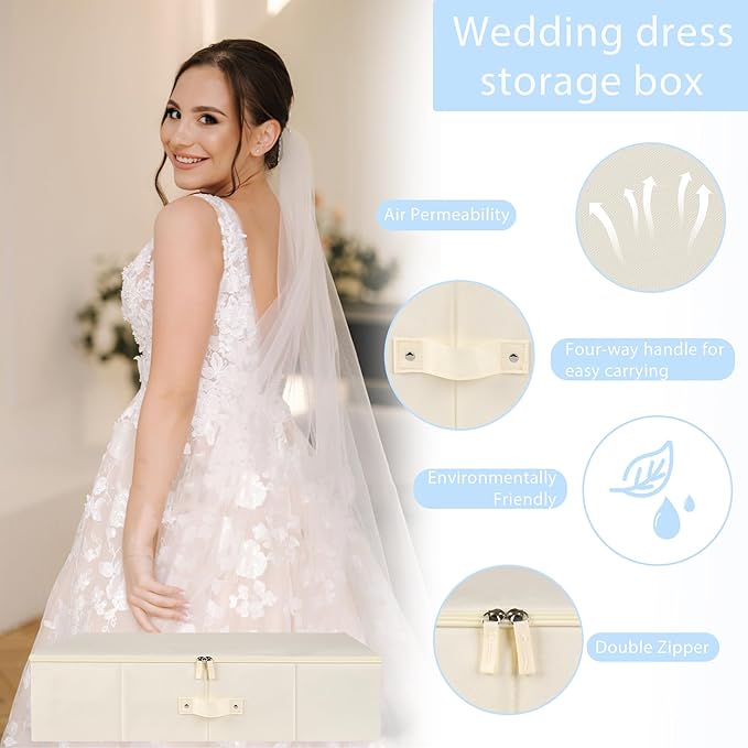 Duduboy Wedding Dress Storage Box Bridal Essentials Heirloom Breathable Wedding Gown Preservation Box - Large Size with Microfiber Gloves Acid-Free Tissue Paper and Dustproof Bag