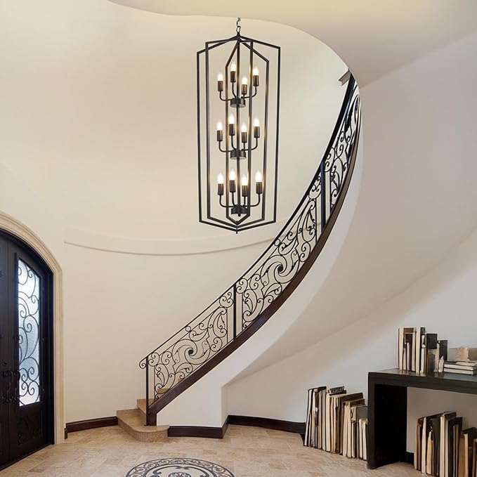 WJShome Modern Black Chandelier, 12-Light Tiered Pendant Light Fixtures, Long Chandeliers for High Ceilings, Farmhouse Foyer Lighting Fixtures, for Living Room, Staircase, Entryway