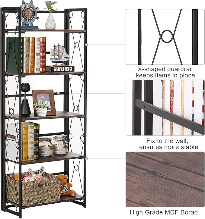 VECELO Bookshelf, 5 Shelf Folding Bookcase No Assembly, Industrial Metal Freestanding Shelves Rack Organizer for Living Room, Office, Bedroom, Kitchen, Set of 2, Dark Brown