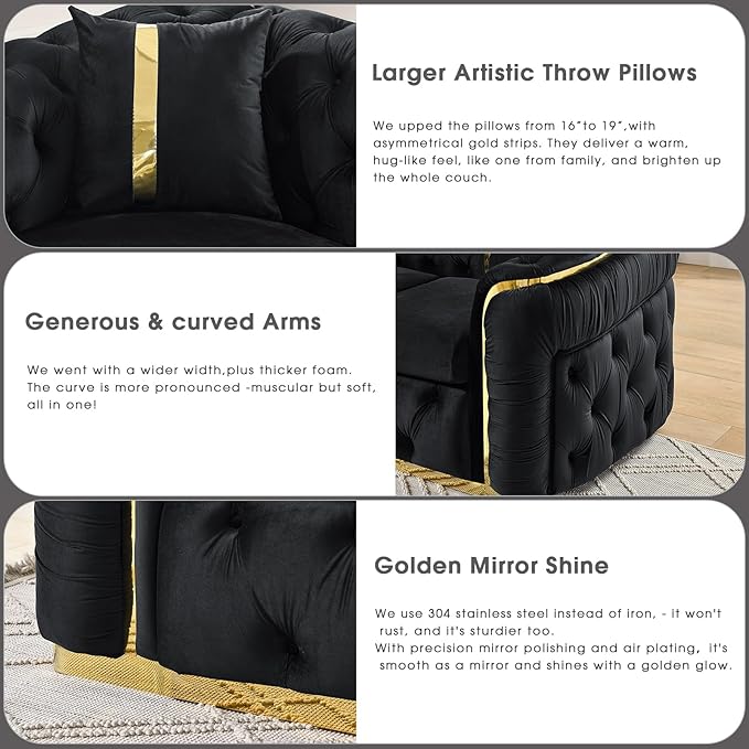KEIKI 2-Piece Luxury Chesterfield Sofa Set with 2 Oversized Velvet 3-Seater Sofa, Upholstered Modern 6-Seater Button Tufted Couch Set with 4 Pillow, Gold Stainless Decoration, for Living Room, Black