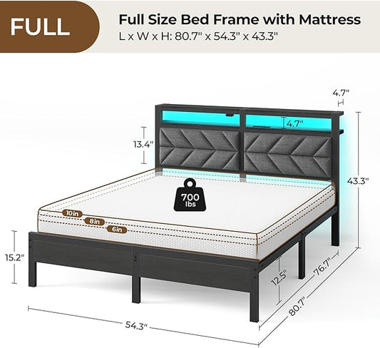 Seventable Full Size Bed Frame with 8 Inch Gel Memory Foam Mattress, LED Metal Platform Bed with USB Charging & Storage Headboard, Grey, CertiPUR-US Certified Mattress