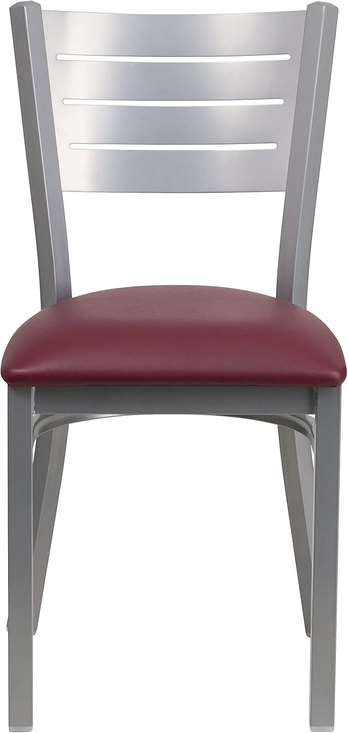 Flash Furniture 2 Pk. HERCULES Series Silver Slat Back Metal Restaurant Chair - Burgundy Vinyl Seat