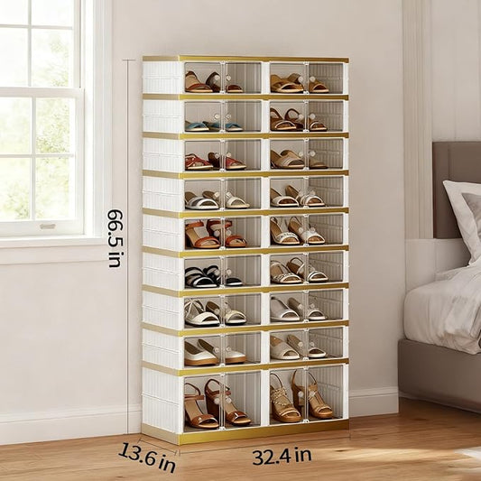 Foldable Shoe Organizer Cabinet Collapsible Shoe Rack, 9 Tier 36 Pairs Shoe Storage Boxes, Folding Shoe Rack with Magnetic Transparent Doors Easy Assembly Shoe Shelves Organizer, White Gold