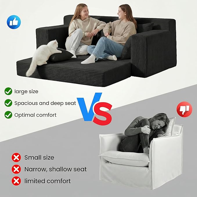 Convertible Sofa Bed, 5 in 1 Small Boneless Couch Pull Out Loveseat Sleeper Sofa,Corduroy Futon Couch Folding Mattress with 4 Pillows for Living Room (Black02, 3 Seater)