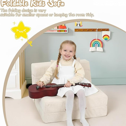 MeMoreCool Folding Sofa for Kids, Corduroy Fold Out Futon Chair, Small Foldable Floor Mattress, Portable Children Couch Sofa, Beige