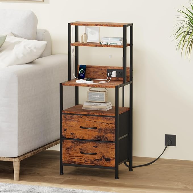 Furnulem Nightstands Set of 2, Tall Night Stand Set with Charger Station, 2 Fabric Drawers and Light Tube, Bedside End Table with 4-Tier Shelves, Bed Side Tables for Bedroom, Office, Rustic Brown
