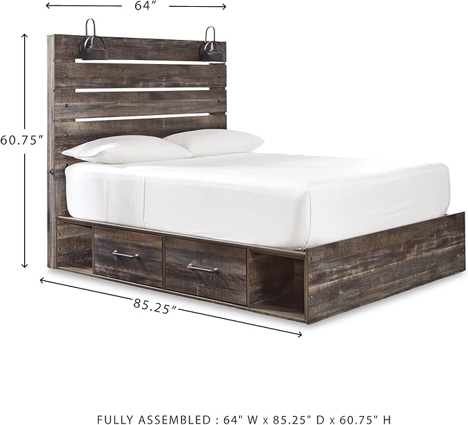 Signature Design by Ashley Drystan Rustic Queen Panel Platform Bed with 4 Storage Drawers, Open Cubbies, Sconce LED Lights and USB Ports, Foundation or Box Spring Not Needed, Dark Brown & Gray