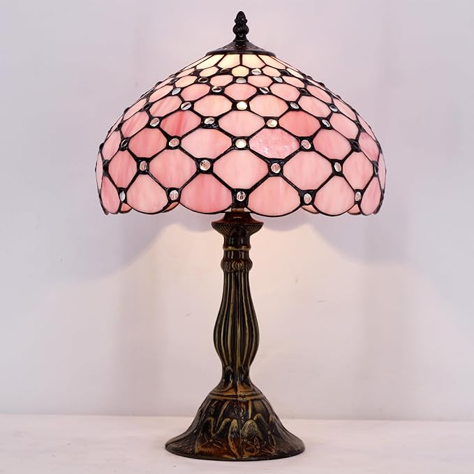 WERFACTORY Tiffany Lamp Pink Stained Glass Bead Table Lamp Desk Bedside Reading Light 12X12X18 Inches Deco Bedroom Living Room Home Office S005 Series