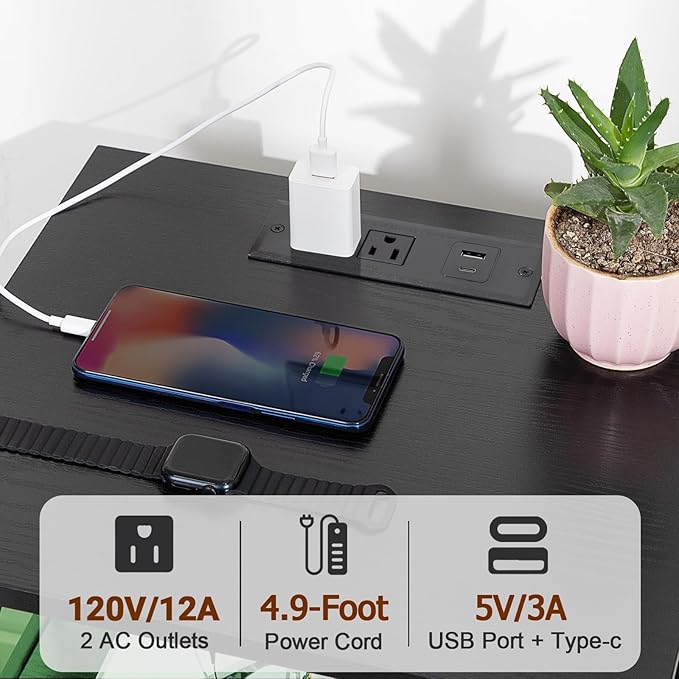 AMHANCIBLE Night Stand Set of 2 with Charging Station and LED Lights, Large 2-Drawer Bedside Tables with USB Ports and AC Outlets, Modern Nightstand for Bedroom, Black, HET052LBK