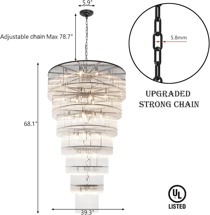 Large Black Chandeliers for High Ceiling H68 7-Tier Glass Chandelier Modern Foyer Entry Lighting Round Light Fixture Ceiling Staircase Villa Living Room Extra Long