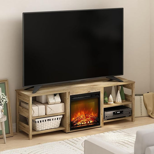 Furinno Classic Fireplace TV Stand, Entertainment Center, TV Console for TV up to 70 Inch with Fireplace, for Living Room, Bedroom, Flagstaff Oak