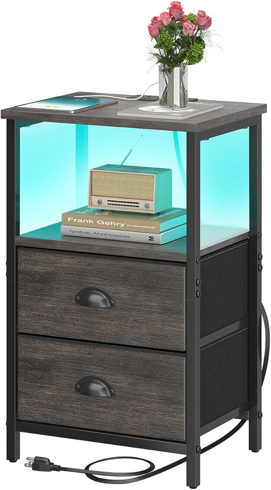 Nightstand with Charging Station, LED Night Stand with 2 Fabric Drawers, Bedside Tables End Table with Drawers, 2-Tier Storage Side Table Nightstand with Drawers for Bedroom, Black Oak