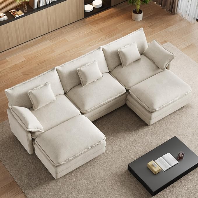 114" U Shaped Cloud Couch Sectionals Oversized Sectional Couches for Living Room Modular Couch, Large Velvet Cloud Sofa with Movable Ottoman, Beige