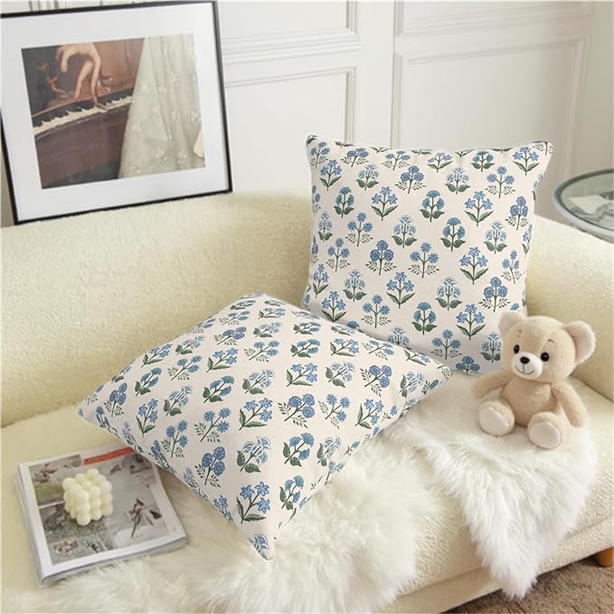 Floral Pillow Covers 24x24 Set of 2 Blue Green Block Print Throw Pillow Cases Vintage Flower Pattern Pillowcases Spring Summer Rustic Outdoor Cushion Covers for Farmhouse Sofa Couch Decor