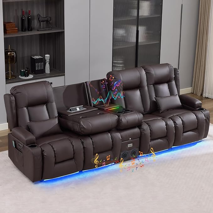 IPKIG Power Recliner Sofa with Flip-Up Backrest Console, USB & USB-C Ports, AC Outlet, LED Lights, Wall Hugger Recliners for Living Room, RV (Brown, 110.9" - 5 Seat) | Faux Leather, Zero Gravity, Dual Reclining, 2 Lumabr Pillow, Bluetooth Speakers