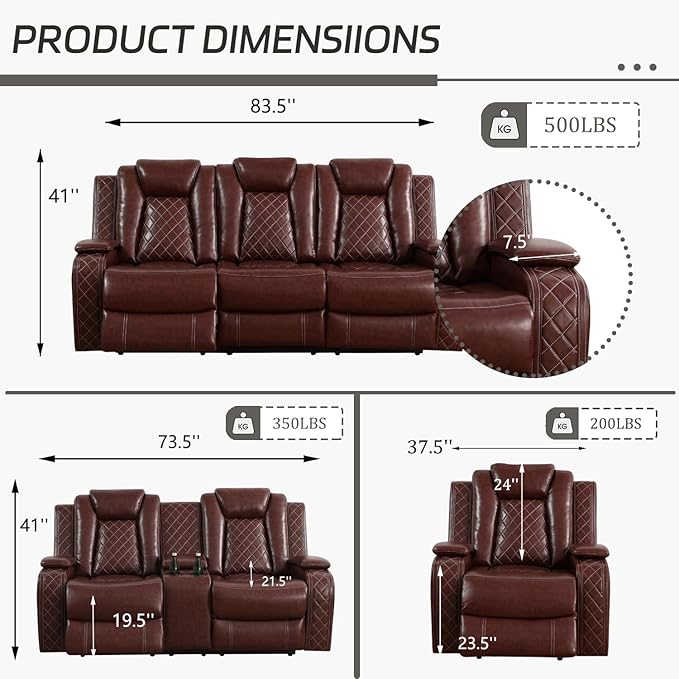Power Recliner Sofa Set with LED, Leather Reclining Sofa Set, Living Room Furniture Set with USB Charging (3 Pieces Leather Couch Set, Garnet)