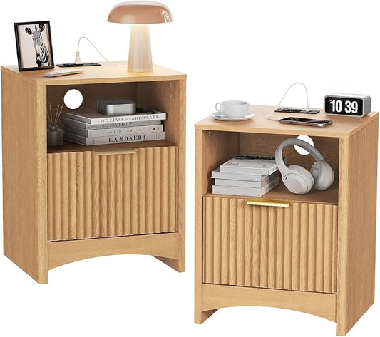 Marsail Nightstand Set of 2 with Drawers, Modern Night Stand with Charging Station, USB & AC Ports & Wood Grain Finish, Fluted Bedside Table & End Table for Bedroom, Natural Oak