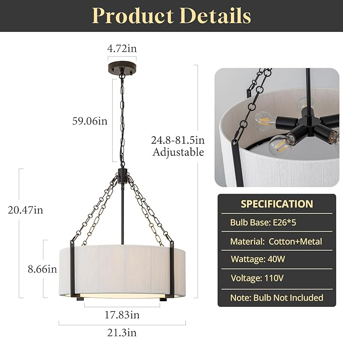 21" White Rattan Chandelier, 5-Light Large Boho Woven Cotton Rope Pendant Light Fixture with Adjustable Chain, Coastal Drum Chandeliers for Dining Room Living Room Kitchen Bedroom Foyer Entryway