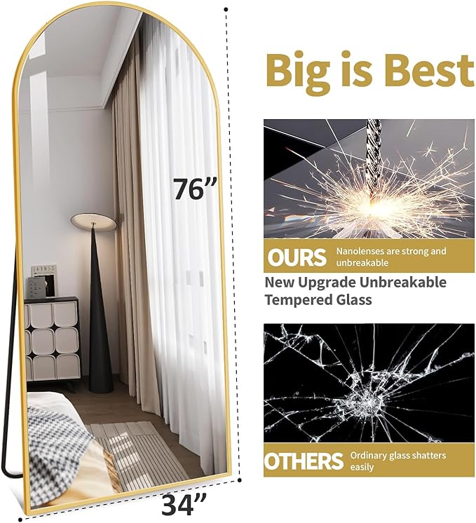 Large Arched Full Length Mirror with Stand 76x34, Freestanding Floor Mirror or Wall Mounted, Tall Body Mirror with Aluminum Frame for Bedroom, Living Room, Gold