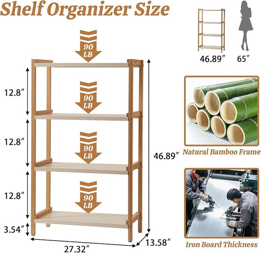Open Shelf Bookcase - 4-Tier Floor Standing Display Bookshelf Multifunctional Display Stand for Home and Office White Shelf Bamboo