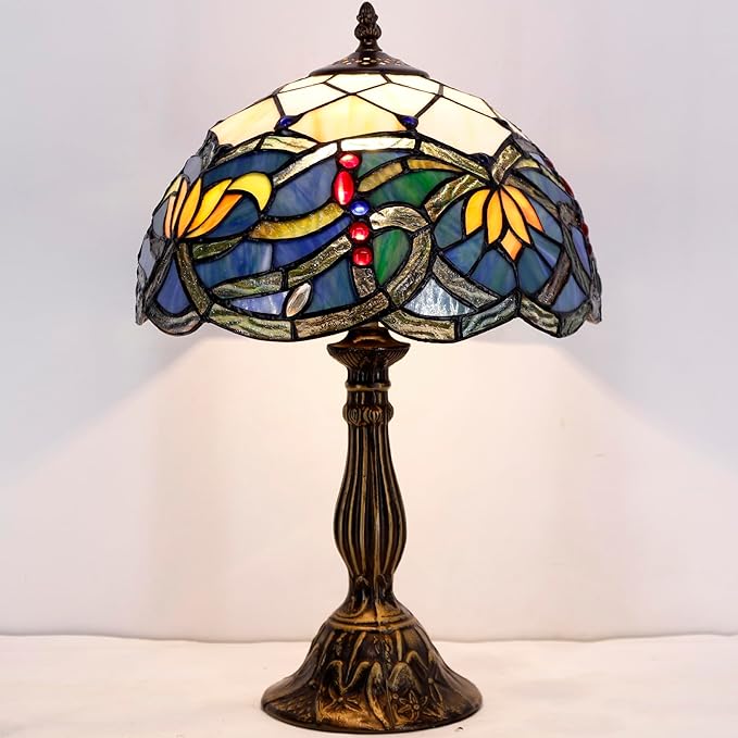 WERFACTORY Tiffany Table Lamp Stained Glass Bedside Lamp Blue Lotus Desk Reading Light 12X12X18 Inches Decor Bedroom Living Room Home Office S220 Series