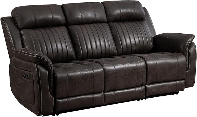 Zero Gravity Power Recliner Sofa Couch – Electric Reclining Sofa with Drop Down Table, 3 Seater Dual Reclining Couch with Adjustable Headrests for Living Room (Foil Fabric, Brownish Gray)