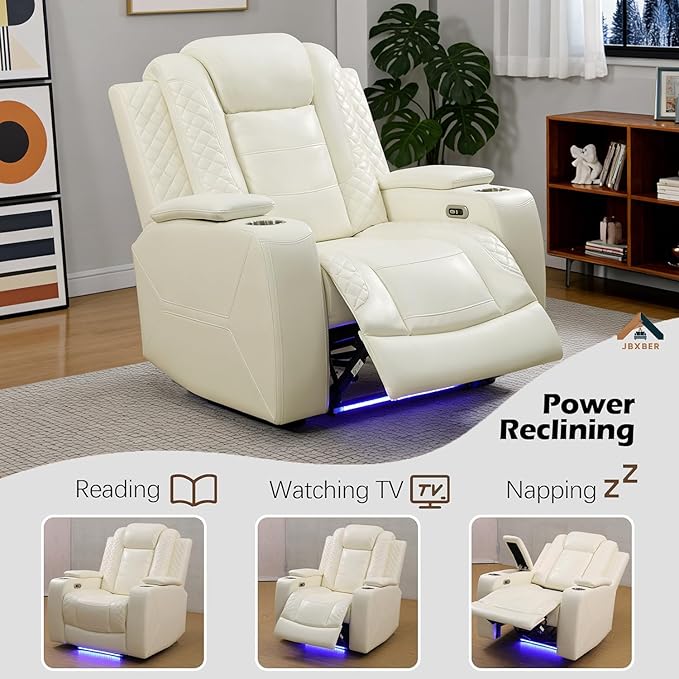 Power Reclining Sofa Set for Living Room, Leather Recliner Chair with Arm Cup Holders, Arm Storage for House/Home Teather(Single Chair, Cream)