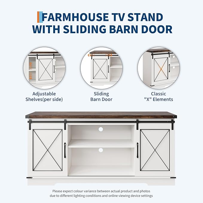GarveeHome Farmhouse TV Stand for TV up to 65 in and Entertainment Center with Sliding Barn Doors, Tv Media Console Table with Storage Cabinet for Living Room, Bedroom, White & Brown