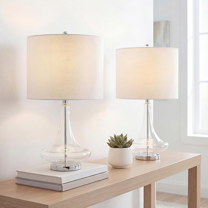 JONATHAN Y 25.5" Clear/Chrome Glass Teardrop Table Lamp Set of 2 for Bedroom, Modern Bedside Lamps for Living Room, White Linen Drum Shade, LED Bulbs Included (JYL1081C-SET2)