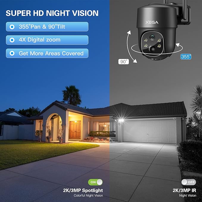 Xega 4G LTE Cellular Security Camera Solar with SIM Card【2 Pack】Wireless Outdoor No WiFi Camera,2K HD PTZ Night Vision Motion Detection 2 Way Talk TF&Cloud Storage, Only Support the Built-in SIM Card