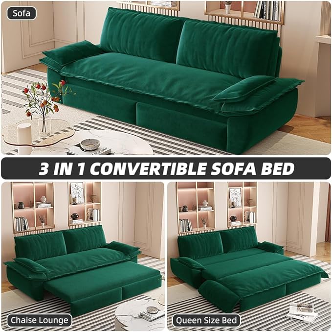 KEIKI 73.2" Pull Out Sofa Bed Queen, 3-in-1 Convertible Sleeper Couch with Smooth Rolling Wheels, Velvet Futon Sofa Bed for Guest Room Bedroom Overnight Sleeping Space Saving Couch