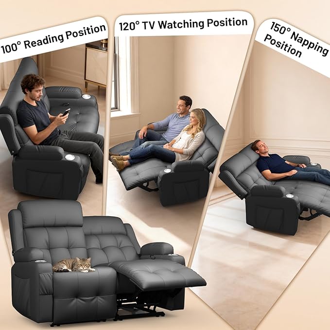 Reclining Loveseat, Wall-Hugger Loveseat Recliner Design with USB/Type C Charging & Storage & Cupholder, Pebble-Weave Fabric Recliner Sofa Couch for Living Room, Home Theater & RV Use