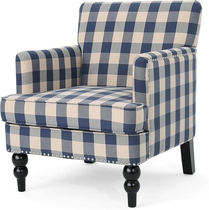 Christopher Knight Home Eve Modern Upholstered Club Chair, Wooden Living Room Accent Chair, Comfy Bedroom Reading Chair, Multifunctional Armchair, Blue Checkerboard