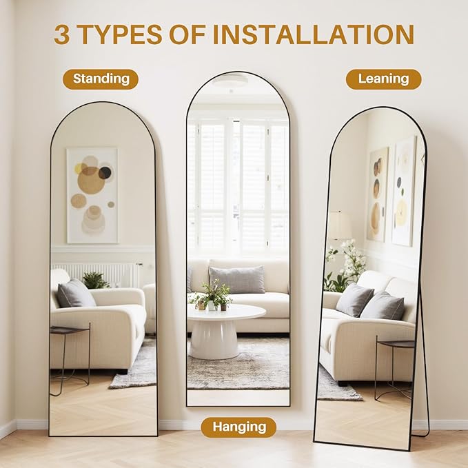 Mirror Full Length 59"x16" Arched Floor Mirror with Stand, Aluminum Alloy Frame & Shatterproof Glass Full Body Mirror, Freestanding Hanging or Leaning Wall Mirrors for Bedroom Closet Living Room