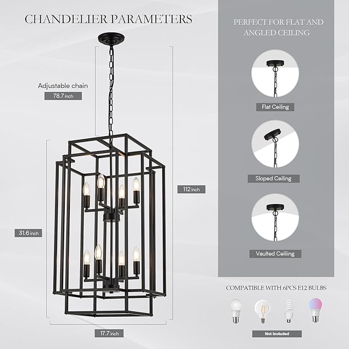 8-Light Lantern Tiered Pendant Light Fixtures, Black Metal Farmhouse Chandelier Hall Foyer Hanging Chandelier for Kitchen Island Dining Room Living Room Foyer Entryway, Black