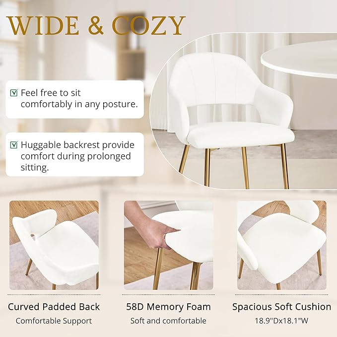 VECELO Velvet Dining Chairs Set of 4, Modern Upholstered Kitchen Chairs with Cushion, Padded Backrest and Metal Legs, White