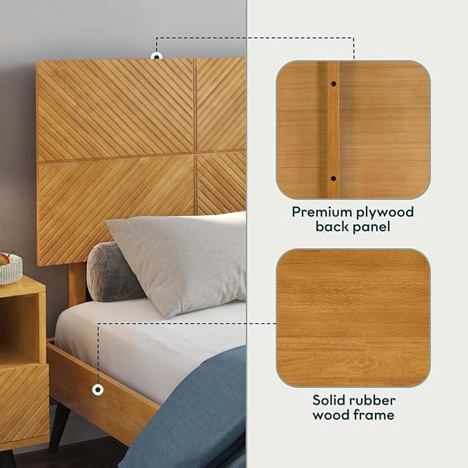 Bme Rhombus Queen Bed Frame – Solid Rubber Wood with Geometric Rhombus Headboard, Teak Brown Finish, Scandinavian Modern Platform Bed with Sturdy Slats & Metal Legs, No Box Spring Needed
