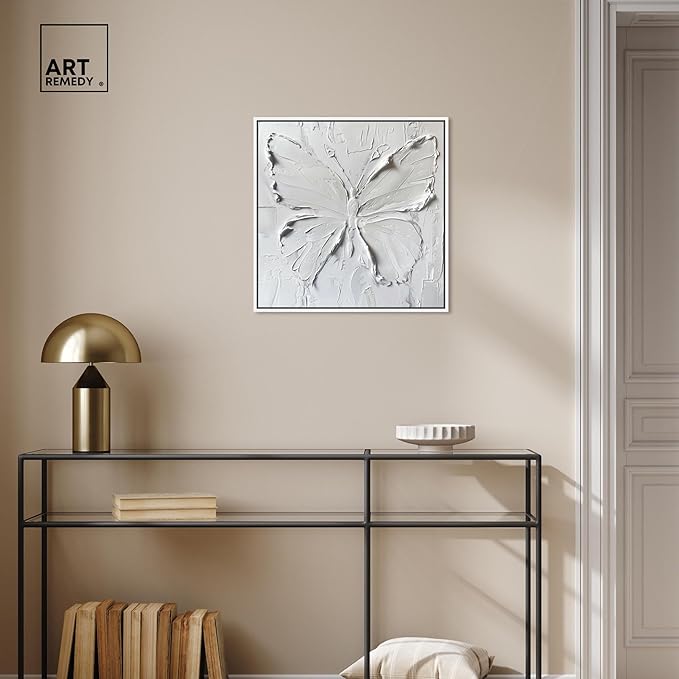 Art Remedy White Butterfly Canvas Elegant White Gold Wall Art, White Frame, 20" x 20"