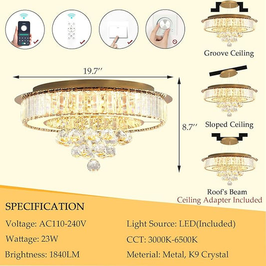19.6'' Gold Modern Crystal Chandeliers for Dining Room LED Dimmable Light Fixtures Flush Mount Light Living Room Bedrooms