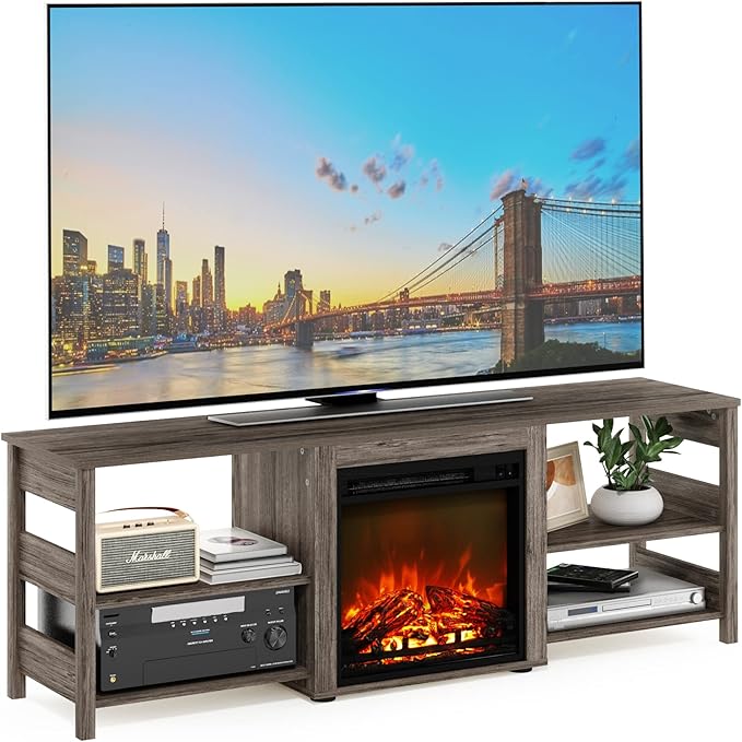 Furinno Classic 70 Inch TV Stand with Fireplace, Rustic Oak