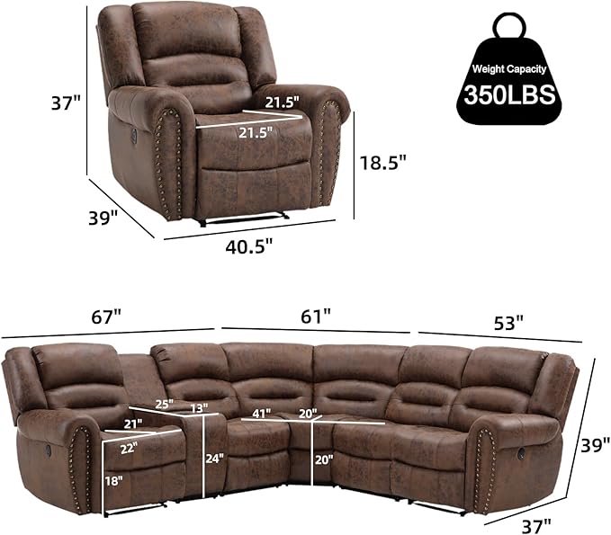 EBELLO Faux Leather Reclining Sectional Couches for Living Room, L-Shaped Power Recliner Sofa Set Corner Sectional Couch Home Furniture Set, with Storage Console, Cup Holders, USB Port, Coffee Brown