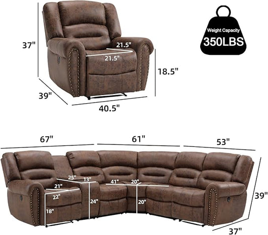 EBELLO Faux Leather Reclining Sectional Couches for Living Room, L-Shaped Power Recliner Sofa Set Corner Sectional Couch Home Furniture Set, with Storage Console, Cup Holders, USB Port, Coffee Brown