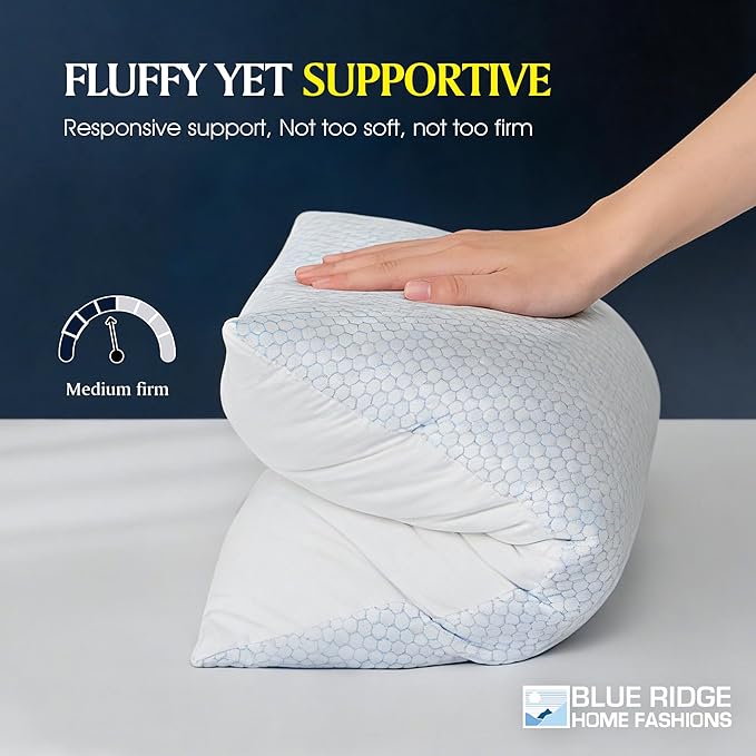 Blue Ridge Home Fashions Cooling Bed Pillows Queen Size Set of 2, Reversible Cooling & Cotton Fabric, Medium Firm, Down Alternative Breathable for Hot, Side, Back & Stomach Sleepers, 20" x 28"