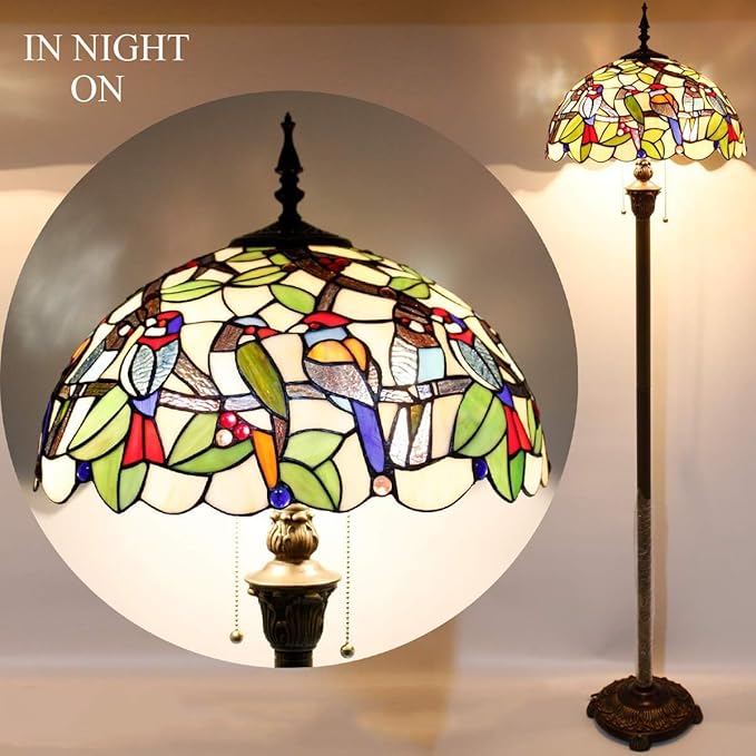 WERFACTORY Tiffany Floor Lamp Double Birds Amber Stained Glass Standing Reading Light 16X16X64 Inches Antique Pole Corner Lamp Decor Bedroom Living Room Home Office S805 Series