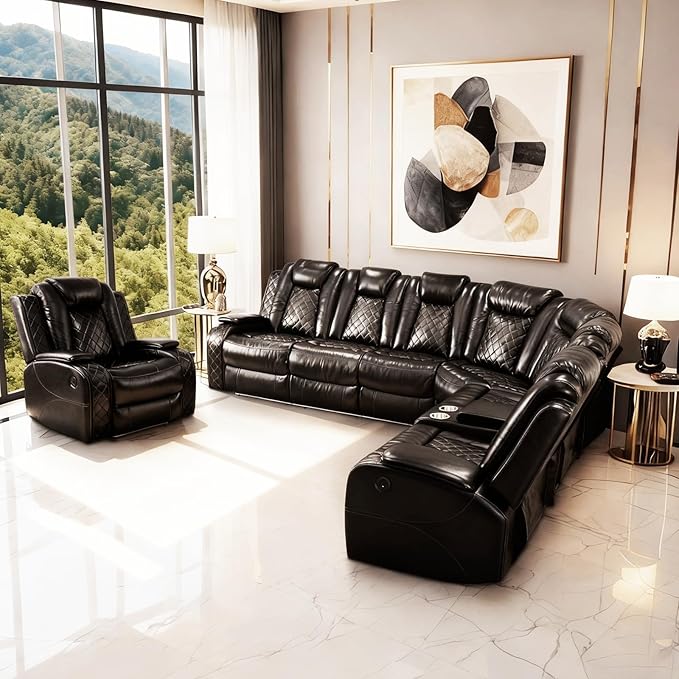 Power Reclining Sectional Sofa Set, Leather Sectional Couch with LED Lights, USB Ports, Storage Console & Cup Holders, L-Shaped Living Room Furniture for Home Theater